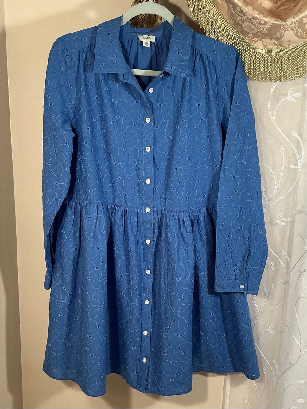J. Crew Blue Cotton Eyelet Button Front Long Sleeve Dress Sz 10 Mini Boho